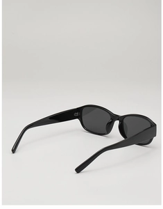 Flat lay of classic black square sunglasses with glossy frames and dark grey lenses