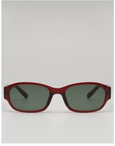 Front view of translucent red rectangular sunglasses with dark green UV protection lenses