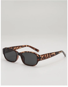 Detail view of leopard print square sunglasses with dark lenses and metal hinge