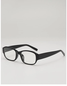 Close-up of sleek black rectangle sunglasses frame with smooth glossy finish and wide temples
