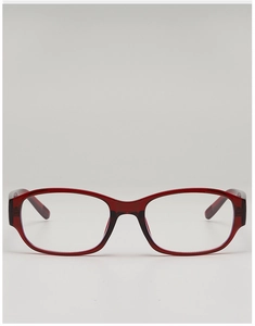 Front view of deep red translucent square acetate glasses frame with a minimalist design