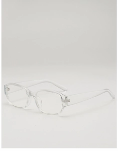 Detail of transparent full-frame square sunglasses showing clear plastic texture and finish