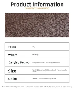 Détail de la texture du cuir PU marron motif litchi et tableau des dimensions du sac