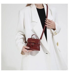 Detail of burgundy crossbody bag with belt buckle and Fashion & Bags text on white suit