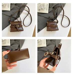 Detail shots of a brown leather crossbody bag with gold buckle and fashion text engraving