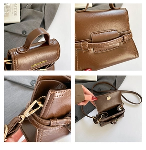 Detailed views of vintage brown crossbody bag showing glossy leather texture and gold hardware
