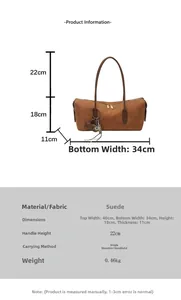 Detailed size specifications for brown suede tote bag with dimensions and weight info