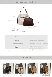 Détails du sac seau en cuir PU avec dimensions et différentes options de couleurs
