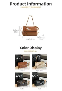 Detailed size specifications and four color options for the retro large capacity shoulder bag