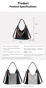 Tableau des tailles détaillé et compartiments internes d'un sac cabas en cuir noir