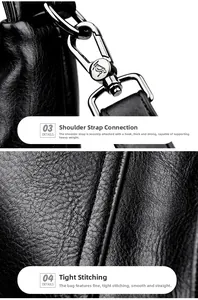 Détail du sac en cuir grainé noir avec crochet argenté et coutures de haute précision