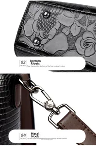 Dettaglio della trama floreale nera goffrata con rivetti sul fondo e ganci vintage argento