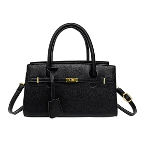 Classic black litchi pattern leather handbag with gold hardware and top handle