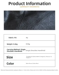 Size chart and macro view of the PU leather texture for the large shoulder tote bag