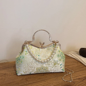 Elegant vintage jacquard evening clutch bag with pearl strap and floral pattern