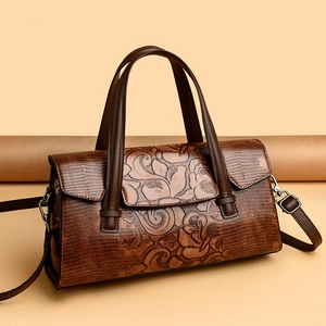 Borsa a mano marrone con trama a coccodrillo e goffratura floreale per donna