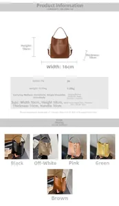 Detailed size chart and multi-color options for stylish PU leather bucket bag for women