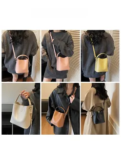 Multiple views showing five colors of minimalist matte leather bucket bags for women