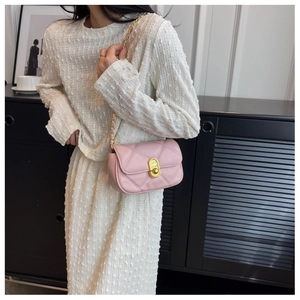 Detail of light pink quilted leather bag with gold oval lock and elegant chain strap