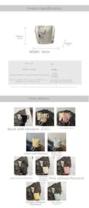 Detailed chart showing bucket bag dimensions 18x16x9cm and pearl bow charm options