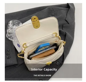 Internal capacity of the off-white quilted chain bag with phone and wallet inside
