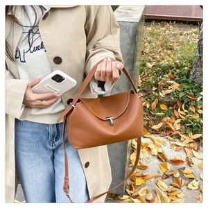 Détail du sac Lindy marron avec texture litchi et fermoir en T en métal sur des marches