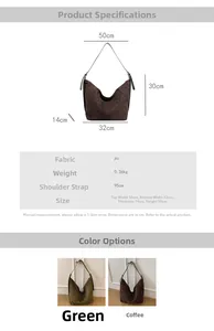 Detailed chart showing PU leather hobo bag dimensions and green or brown color options