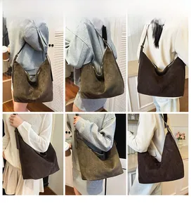 Lifestyle views of brown matte suede hobo shoulder bag with textured finish