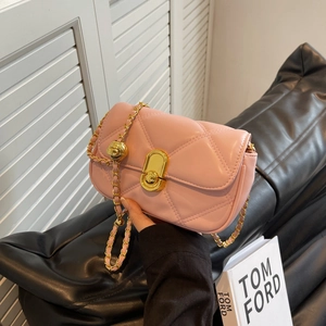 Pink quilted leather chain shoulder bag with gold hardware and stylish turn-lock closure