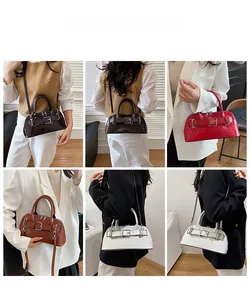 Detail view of crocodile pattern shell bag in four colors showing versatile wearing styles