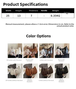 Detailed chart showing 25x13x7cm dimensions and four color variants of the PU leather bag