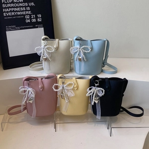 Chic Bucket Bag Litchi Grain PU Leather Crossbody With Artificial Pearl Lace Bow Heart Pendant Sweet Shoulder Bag For Women