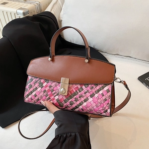 Fashion woven handbag with brown leather flap and stylish crossbody strap for women