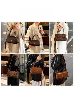 Collage of leather handbags showing leopard print and solid brown colors for women