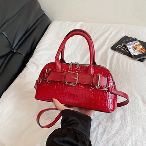 Glossy red crocodile texture shell handbag with adjustable strap for women fashion