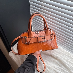 Orange crocodile pattern shell handbag with top handles and detachable shoulder strap