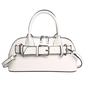 White crocodile pattern shell bag with top handles and adjustable shoulder strap