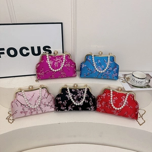 Floral Embroidery Satin Evening Bag With Artificial Pearl Handle Gold Chain Strap For Women Party Banquet Wedding Vintage Style