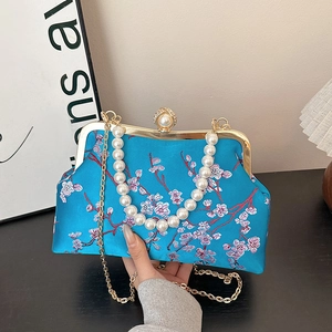 Elegant lake blue satin evening bag with cherry blossom embroidery and pearl chain