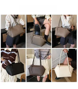 Detailed views of high-capacity minimalist tote bags in black, coffee, khaki, and cream white