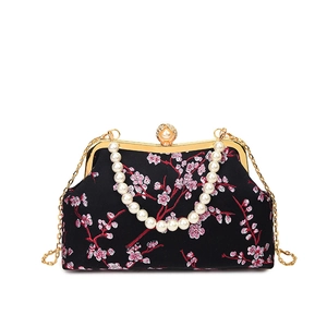 Black evening clutch bag with pink plum blossom embroidery and pearl chain strap