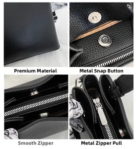 Detail of black lychee grain leather handbag featuring silver hardware and silk scarf
