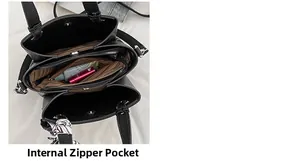 Internal view of black textured bucket bag showing multiple compartments and zipper pocket