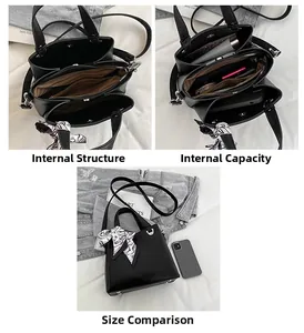 Three-layer interior structure of black textured leather bag showing ample storage space