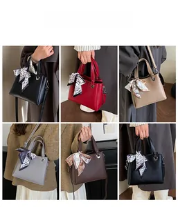 Multi-color selection of litchi pattern handbags with silk scarf handle decorations
