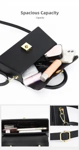 Macro view of a black box bag showing internal capacity for phone and cosmetics