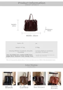 Size guide for large capacity PU leather tote bag with dimensions and color options