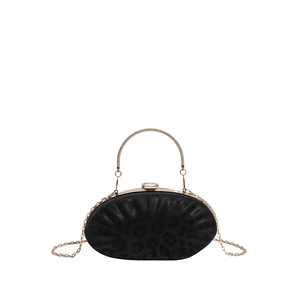 Elegant black leopard texture oval clutch bag with gold handle and jewel clasp detail