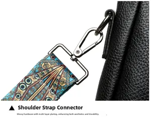 Détail du fermoir pivotant en métal sur sac en cuir noir avec bandoulière bohème