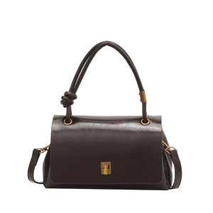 Dark brown leather handbag with vintage gold buckle and knot handle on white background